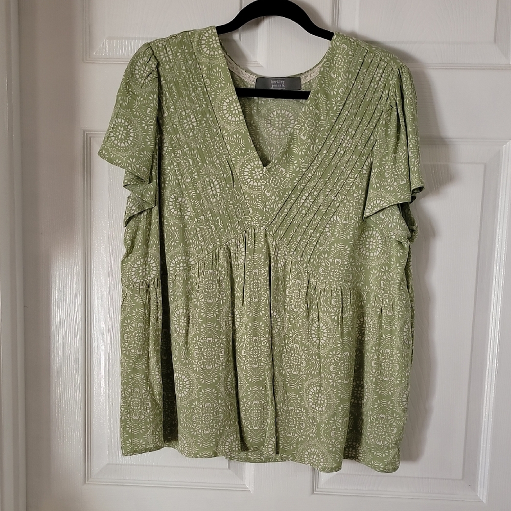 Green Smocked Flutter Sleeve Blouse